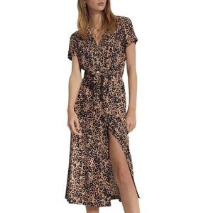 Aritzia Wilfred Shirt Dress Button-Front Midi Dress Tan & Black Leopard Sz XS